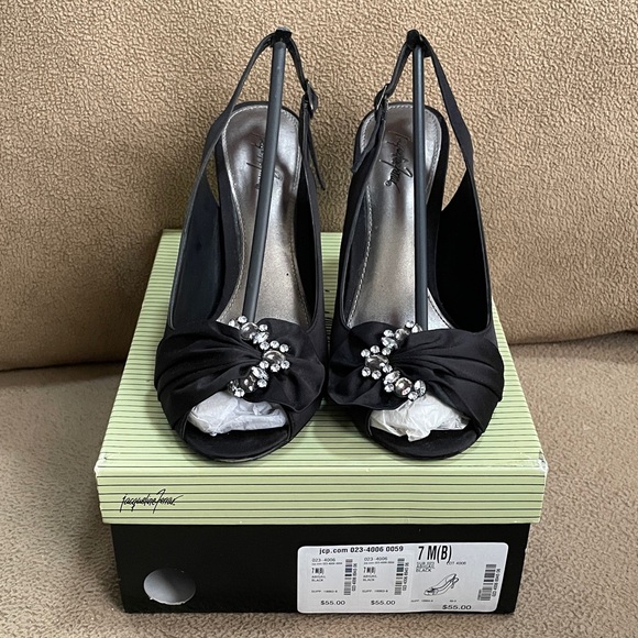 Jacqueline Ferrar Black Satin Slingback Heels With Rhinestone Bow, Never Worn, - Picture 1 of 6